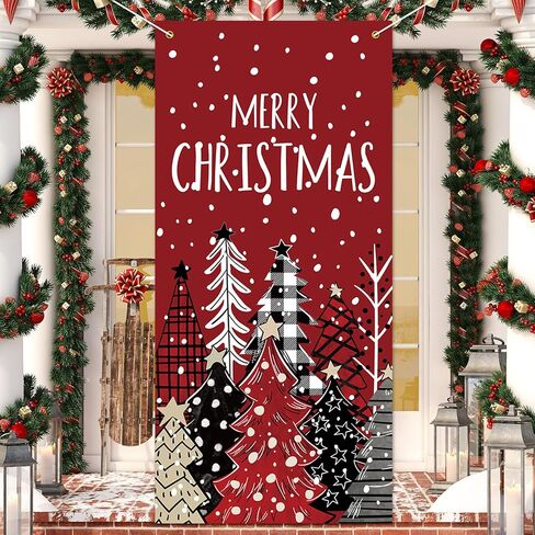 Whaline Christmas Door Cover Red Black Plaid Xmas Tree Hanging Banner Decor Watercolor Merry Christmas Photo Background for Indoor Outdoor Front Door Party Decor, 31.5 x 67 Inch in Kuwait