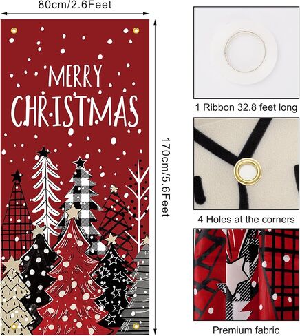 Whaline Christmas Door Cover Red Black Plaid Xmas Tree Hanging Banner Decor Watercolor Merry Christmas Photo Background for Indoor Outdoor Front Door Party Decor, 31.5 x 67 Inch in Kuwait
