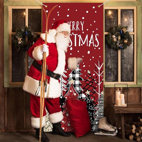 Whaline Christmas Door Cover Red Black Plaid Xmas Tree Hanging Banner Decor Watercolor Merry Christmas Photo Background for Indoor Outdoor Front Door Party Decor, 31.5 x 67 Inch in Kuwait