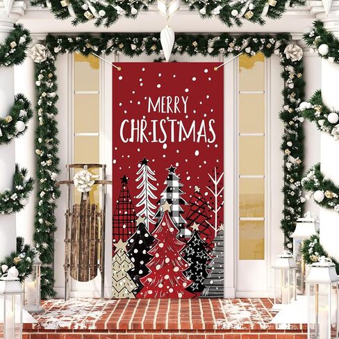 Whaline Christmas Door Cover Red Black Plaid Xmas Tree Hanging Banner Decor Watercolor Merry Christmas Photo Background for Indoor Outdoor Front Door Party Decor, 31.5 x 67 Inch in Kuwait