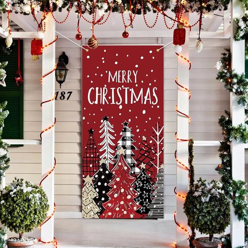 Whaline Christmas Door Cover Red Black Plaid Xmas Tree Hanging Banner Decor Watercolor Merry Christmas Photo Background for Indoor Outdoor Front Door Party Decor, 31.5 x 67 Inch in Kuwait