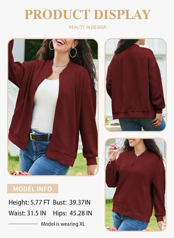 سترات Eytino النسائية بمقاس كبير وأكمام طويلة وسحاب كامل كاجوال خفيفة الوزن للخريف (1X-5X) in Kuwait