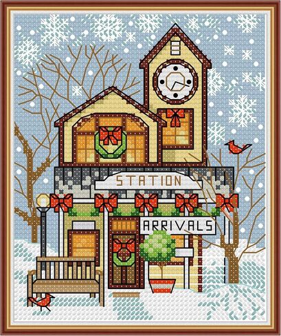 Howie's Needlepoint 14CT Pre-Printed Cross Stitch Kits,Embroidery Patterns Starter Kits,Needlepoint Kits - Christmas Cottage in Kuwait