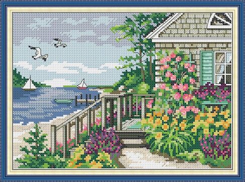CROSSDECOR Cross Stitch Kits for Adults,Stamped Cross Stitch Kits,DIY Needlepoint Kits for Beginners Counted Embroidery Craft Supplies for Home Décor,Cottage by The Water 11.8×8.2in in Kuwait