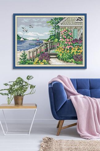 CROSSDECOR Cross Stitch Kits for Adults,Stamped Cross Stitch Kits,DIY Needlepoint Kits for Beginners Counted Embroidery Craft Supplies for Home Décor,Cottage by The Water 11.8×8.2in in Kuwait