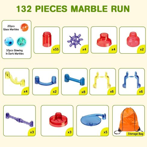 Meland Marble Run - 132 قطعة لعبة بناء لعبة المتاهة الرخامية للأطفال، مجموعة سباق المسار الرخامي وألعاب تعليمية STEM للأولاد والبنات بعمر 3 4 5 6 7 8 9+ (102 قطعة ماربولوس شفافة و30 كرة زجاجية) in Saudi Arabia