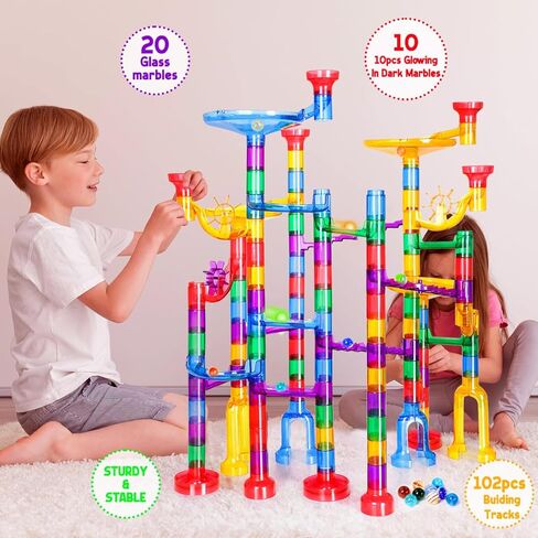 Meland Marble Run - 132 قطعة لعبة بناء لعبة المتاهة الرخامية للأطفال، مجموعة سباق المسار الرخامي وألعاب تعليمية STEM للأولاد والبنات بعمر 3 4 5 6 7 8 9+ (102 قطعة ماربولوس شفافة و30 كرة زجاجية) in Saudi Arabia