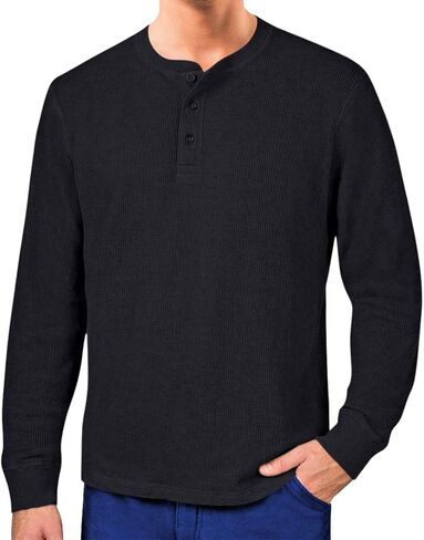Men's Waffle Knit Thermal Henley Shirt - Long Sleeve Casual Top in Kuwait