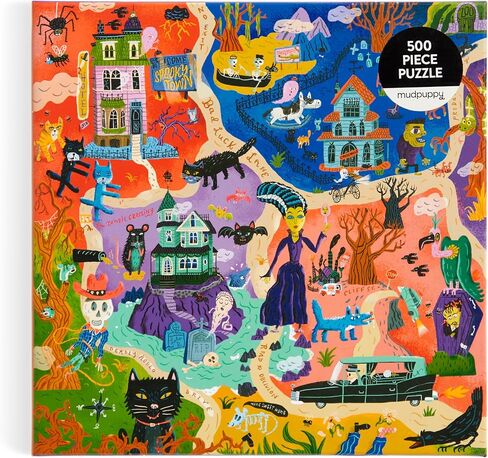 Mudpuppy Welcome to Spooky Town – 500 Piece Family Jigsaw Puzzle Featuring Bold and Spooky Illustrations of A Haunted Town Filled with Goblins Ghouls and Monsters in Saudi Arabia