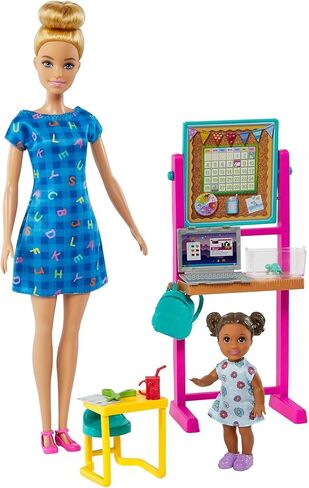 Barbie Teacher Doll (Blonde), Toddler Doll (Brunette), Flip Board, Laptop, Backpack, Toddler Desk, Pet Turtle, For Ages 3 Years Old & Up in Kuwait