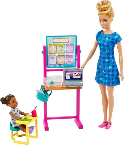 Barbie Teacher Doll (Blonde), Toddler Doll (Brunette), Flip Board, Laptop, Backpack, Toddler Desk, Pet Turtle, For Ages 3 Years Old & Up in Kuwait