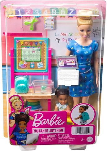 Barbie Teacher Doll (Blonde), Toddler Doll (Brunette), Flip Board, Laptop, Backpack, Toddler Desk, Pet Turtle, For Ages 3 Years Old & Up in Kuwait