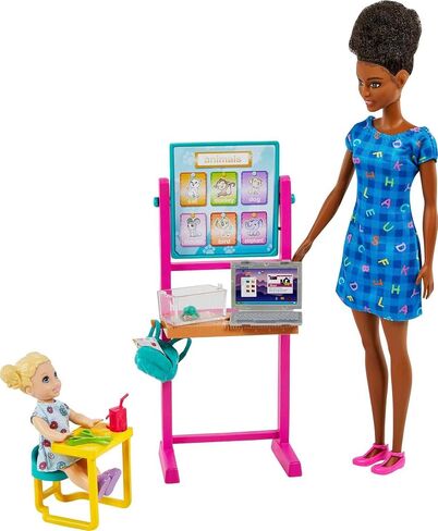Barbie Teacher Doll (Blonde), Toddler Doll (Brunette), Flip Board, Laptop, Backpack, Toddler Desk, Pet Turtle, For Ages 3 Years Old & Up in Kuwait