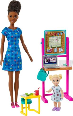 Barbie Teacher Doll (Blonde), Toddler Doll (Brunette), Flip Board, Laptop, Backpack, Toddler Desk, Pet Turtle, For Ages 3 Years Old & Up in Kuwait