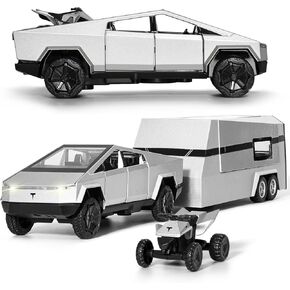 Cybertruck Toy Trucks Cyber Truck Toy Trucks with RV Motorcycle Cybertquad Alloy Die-cast Model Car Pickup Truck 1/32 Race Cars with Sound and Light Ideal Gift for Kids, Silver
