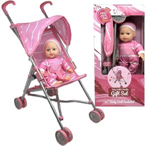 Baby Doll and Stroller Set - 12" Baby Doll with Pacifier Gift Set - Pink Fabric Baby Stroller Toy for Kids - Foldable Play Stroller for Dolls with Canopy - Baby Doll Stroller for Toddlers, Girls