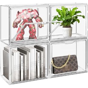 4Pack Clear Stackable Plastic Storage Bins with Magnetic Attraction Lid, Dustproof Book & Cosmetic Display Cases, Large Figures Collectibles Showcase, Shoe Box, Bag Organizer