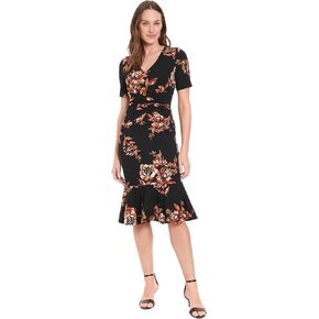 London Times Women's V-Neck Polished Flounce Hem Twist Waist Detail Feminine Office Event Guest of