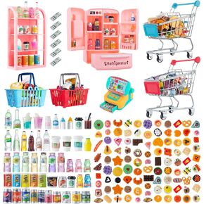164Pcs Mini Shopping Cart Basket Miniature Food Drink Toy Supermarket Metal Handcart Trolley DollHouse Store Grocery Accessories Kitchen Play Game Party Model Shelves Cash Register Refrigerator Fridge