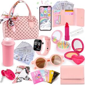 Play Purse for Little Girls, 32PCS Toddler Purse with Pretend Makeup for Kids, Princess Toys Includes Handbag, Phone, Wristwatch, Silk Scarf Kids Toy Purse Birthday Gift for Girls 3 4 5 6 +