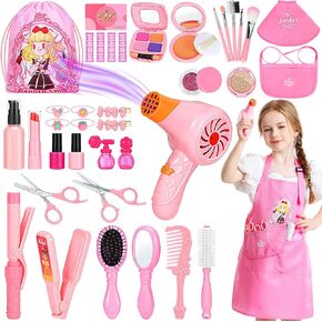 Hair Salon Toys for Girls, 39 Pcs Pretend Play Makeup Toys Set, Beauty Play Hair Styling Kit with Blow Dryer, Barber Apron and Scissors Accessories Girls Toys for 3-9 Year Old