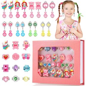 Jewelry Girl Toys for Ages 2-4, Adjustable 28 Lovely Rings for Kids, Clip On Earrings in Gift Box, 2 3 4 5 6 7 8 Year Old Girls Christmas Birthday Gifts, Toddler Toy for Princess Dress Up, Party Favor