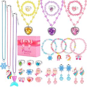 Kids Play Jewelry Sets, Princess Toys for Girls 4-6, 29 Pcs Little Girl Costume Jewelry, Unicorn Necklaces, Bracelets, Rings, Earrings, Dress Up Birthday Easter Gifts for Kids Pretend Play Party Favor