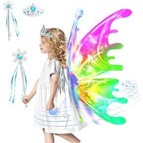 Electric Light Up Butterfly Wings Moving with Music - Princess Costume Crown Wand Dress Up, Princess Toys for Kids Ages 3-6 5-7 as Halloween Valentine Birthday Christmas Party Gifts