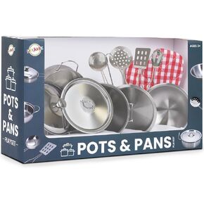 Playkidz Stainless Steel Pots and Pans - Toy Cookware 9 Piece Playset for Kids Pretend Play House - Great Birthday Gift for Girls