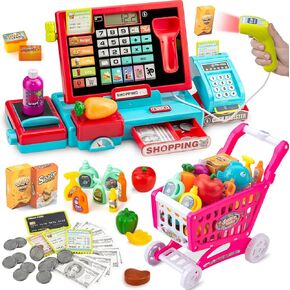 Kids Cash Register Toy with Shopping Cart Toddler Pretend Play Store Cashier Register for Kids with Music / Real Calculator / Scanner Learning Toys for Girls Birthday Gift for 3-8 Year Old Girl