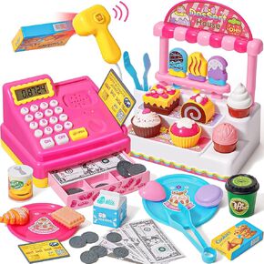 Kids Cash Register Toy Ice Cream Shop Toddlers Pretend Play Shopping Playset with Scanner Fake Money Calculator Desserts, Birthday Gift for 3 4 5 6+ Year Old Girls