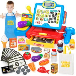 Cash Register Toy for Kids with Real Calculator, Cashier Register with Scanner/Weighter/Credit Card/ Play Money/ Food/Microphone, Pretend Play Store with Apron and Shoping Bag for Kids 4-8