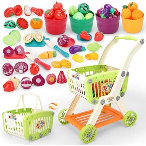 Kids Shopping Cart with Cutting Play Food Set for Kids Kitchen, 2 in 1 Shopping Cart for Kids Grocery Store Pretend Play Kitchen Accessories Sorting Food Bucket Learning Toys Gift for Toddler 3-5