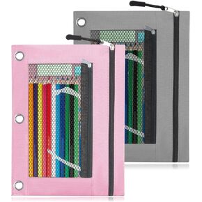 Pencil Pouches for 3 Ring Binder, 2 Pack Binder Pencil Case with Zipper Puller, 2-Tier Clear Window Oxford Pencil Holder Stationery Organziers Bag for School Classroom Supplies