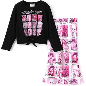L.O.L. Surprise! Girls 2 Piece Outfits Tie Knot Long Sleeve Tee Top and Heart Pink Bell Bottom Flared Pants Set