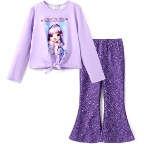 L.O.L. Surprise! Girls 2 Piece Outfits Tie Knot Long Sleeve Tee Top and Heart Pink Bell Bottom Flared Pants Set