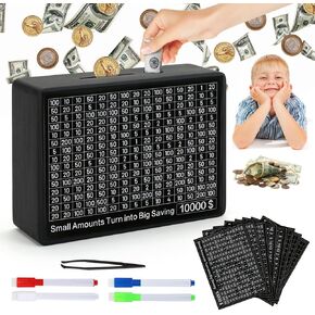 Cash Vault Wooden Money Box，Wooden Money Box with 8 Saving Targets，One Piece Cash Vault Wooden Savings Box Coin Money Savings Box with Counter ，Gift for Adults Kids Boys Girl (Black Color)