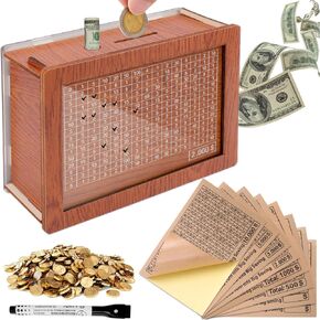 صندوق توفير المال الخشبي من AIERSA Cash Vault، صندوق توفير نقدي لـ 10000 5000 3000 2000 1000 500 تحدي توفير المال، بنك أموال الخنزير لتوفير أموال البالغين مع قلم مسح جاف، متتبع التوفير الفارغ in Kuwait