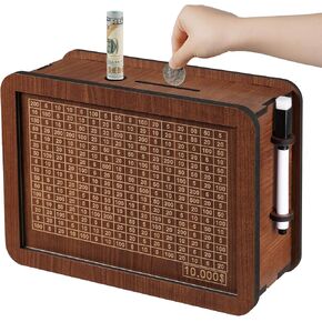 Cash Vault Wooden Savings Box, Piggy Bank for Adults Kids, Coin Bank for Boys and Girls, Unique 10000 Savings Challenge Box, Wooden Cash Savings Box with Money Target and Numbers (10000 Dollar)
