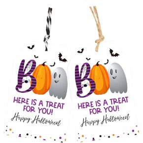 joycraft Halloween Tags with String, 100Pcs Happy Halloween Paper Tags, 2.2x3.3 inch Halloween Tags for Gift, Boo Halloween Hanging Tags for Candy Bag, Gift Wrapping, Halloween Party Decor