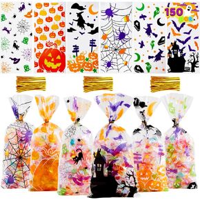 JOYIN 150 PCS Halloween Cellophane Candy Bags Clear Treat Bags with Twist Ties, Trick or Treating Bags, Halloween Goodie Bags Non Candy Cookie Bags for Kids Halloween Party Favors Supplies in Saudi Arabia