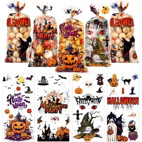 BBPOOL Halloween Treat Bags, 160pcs Halloween Cellophane Bags with Twist Ties Clear Plastic Trick or Treating Bags Halloween Goodie bags for Candy Cookies Snacks Gift Wrapping