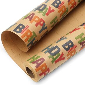 Ribbli Birthday Kraft Wrapping Paper Vintage Style Paper Perfect for Men Women Brown Kraft Paper with Black Pattern- 17Inch x 394Inch(33Feet)
