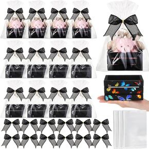 12 Pcs Gift Basket Empty Kit Small Wood Crates Unfinished Wooden Storage Box Set 12 Bows 12 Clear Treat Bags for Halloween, Thanksgiving, Christmas Craft Gift Basket Home Decor(Wood Color)