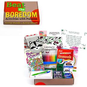 Get Well Gifts for Women Beat the Boredom Box Non Food Gift Basket Get Well Message Plush Non-Slip Socks Lip Balm Travel Tissue Cream Crossword Book Adult Coloring Books Cards Markers, 39 Piece Set