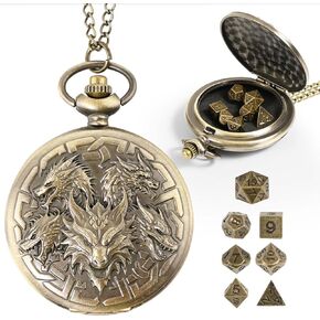 D&D Dice Set,7PCS Metal Dice Set for Dungeons and Dragons,Mini Dice Set with Pocket Watch Case,Role Playing Board Games Accessories (Dragon, Ancient Silver)