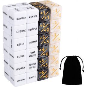 48 Pieces Abilities Keywords Counter Dice Plus One MTG Dice Counters Creature Stats Buff Tokens Dice Set for Magic The Gathering, MTG, TCG, Card Games Accessories