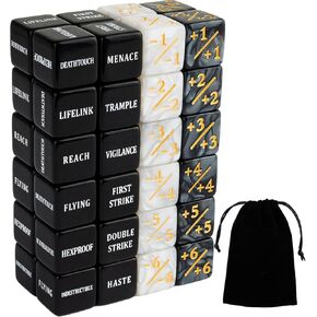 48 Pieces Abilities Keywords Counter Dice Black MTG Dice Counters Bulk Creature Stats Buff Tokens Dice Set for Magic The Gathering, MTG, TCG, Card Games Accessories