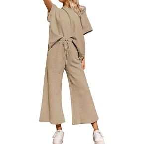 Women 2 Piece Outfits Sweatsuits Summer Lounge Set Casual Short Sleeve Pullover Tops And Drawstring Wide Leg Pants