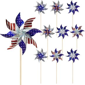 HOOSUN 4th of July Decorations Reflective Pinwheels,10 Pack Patriotic Decor Red White and Blue Windmills, Wind Spinners for Yard and Garden,Independence Day,Kids,Bird Scare Devices Outdoor
